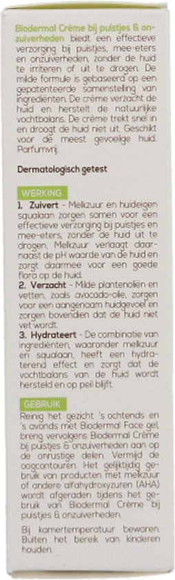 Biodermal Crème bij puistjes en onzuiverheden - Dagcrème – Puistjes crème - 30ml