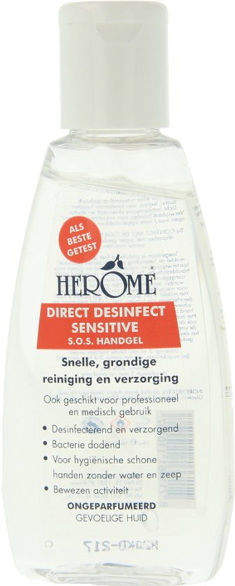 Flesje Herome Direct Desinfect Sensitive S.O.S. Handgel met witte dop, 80% alcohol.