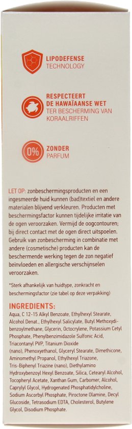 Verpakking met tekst 'Lipodfense Technology', 'Respecteert de Hawaïaanse wet ter bescherming van koraalriffen' en '0% Zonder Parfum'.
