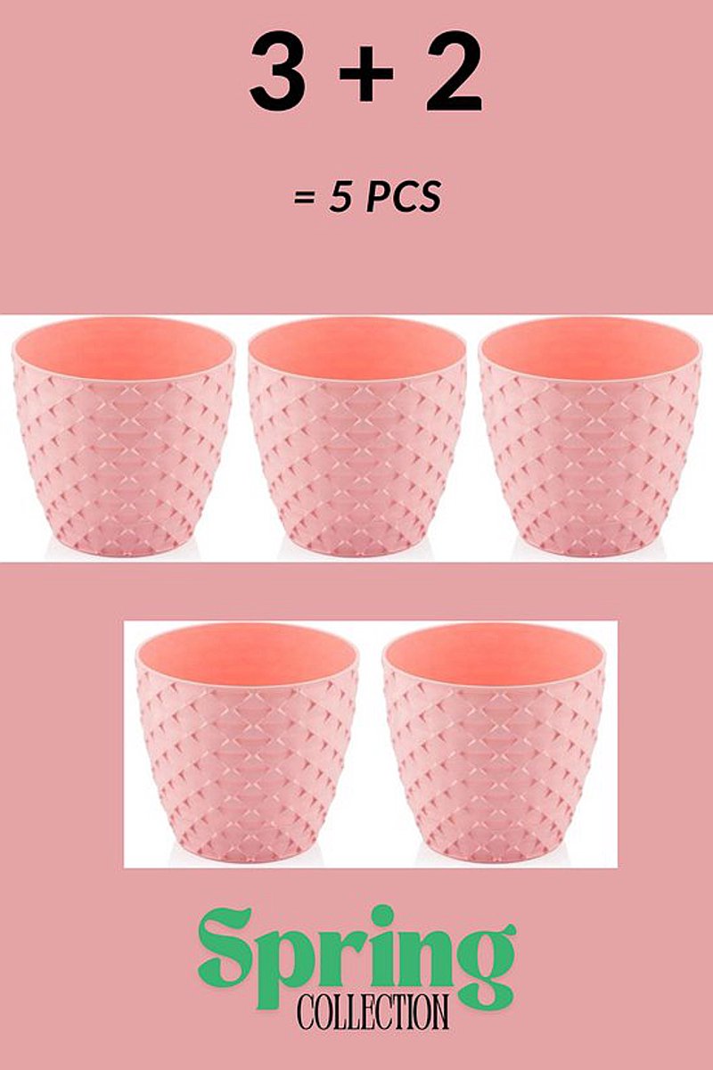 3+2 - Bloempotten - rond - roos met afwatering en wateropvang - 5 ronde roze sierpotten