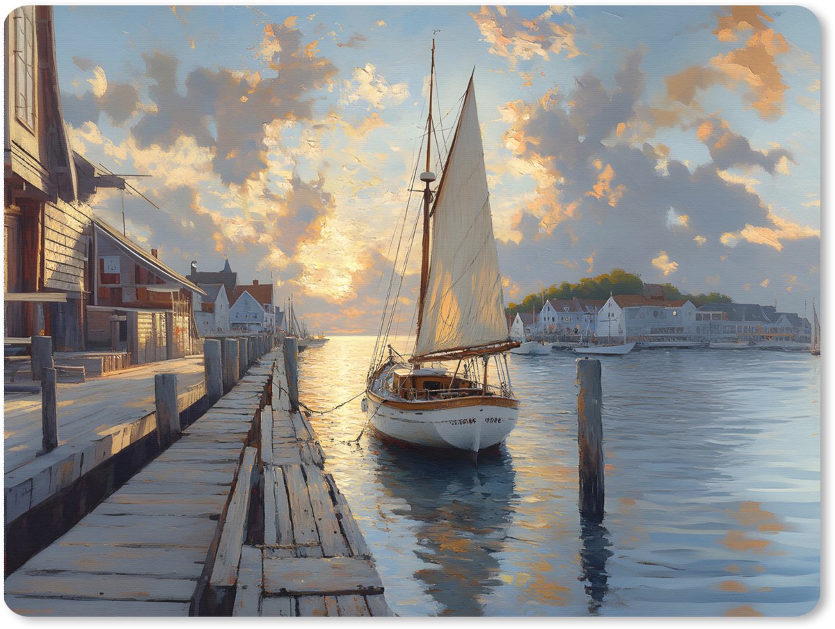 Muismat XXL 80x60 cm - Bureau onderlegger - Bureau mat Zeilboot - Zon - Pier - Hout - Bureaumat - Gaming mousepad xl - Bureaulegger groot - Computer deskmat