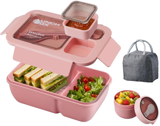 Boîte à bento - Set Bento avec Couverts - Sac à lunch - Boîte à lunch - Récipient alimentaire étanche avec compartiments - Boîte à lunch pour enfants, École, bureau, pique-nique - Rose