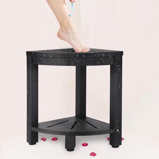 Foto: Jgs premium badkamerkruk 2 laags hoekdouchekruk met legplank en anti slip pad zwart draagbare waterdichte badkamerstoel met display rek 