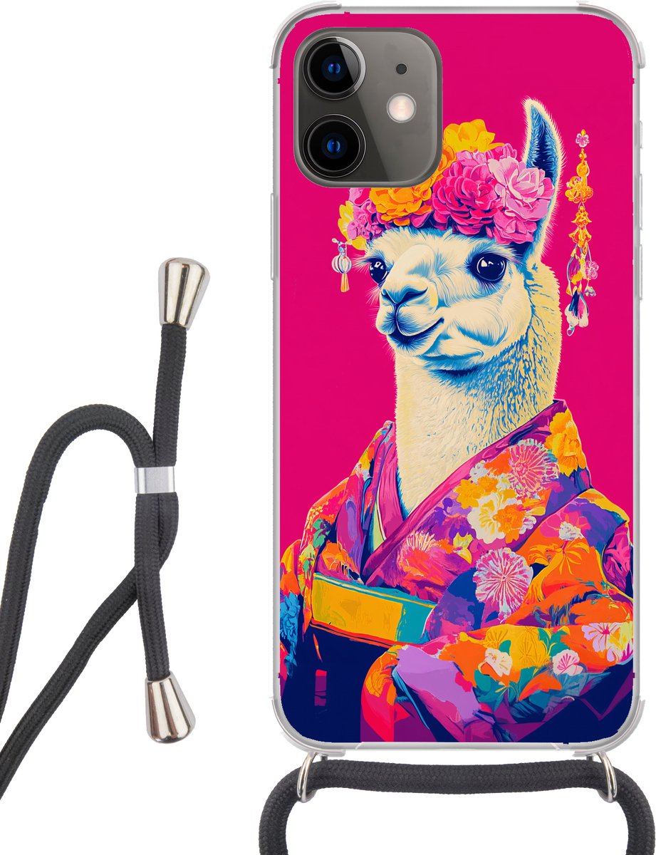 Telefoonhoesje Geschikt voor iPhone 12 Mini - Lama - Kimono - Bloemenkrans - Felroze - Siliconen - Crossbody - Backcover met Koord - Telefoonhoesje met koord - Hoesje met touw Telefoonhoesje