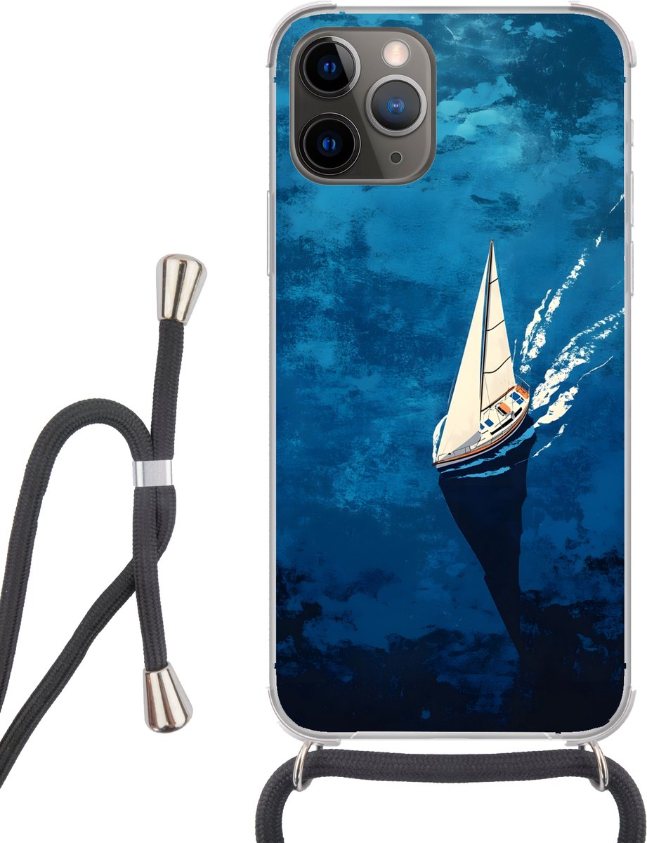Telefoonhoesje Geschikt voor iPhone 11 Pro - Zeilboot - Water - Abstract - Schaduw - Siliconen - Crossbody - Backcover met Koord - Telefoonhoesje met koord - Hoesje met touw Telefoonhoesje