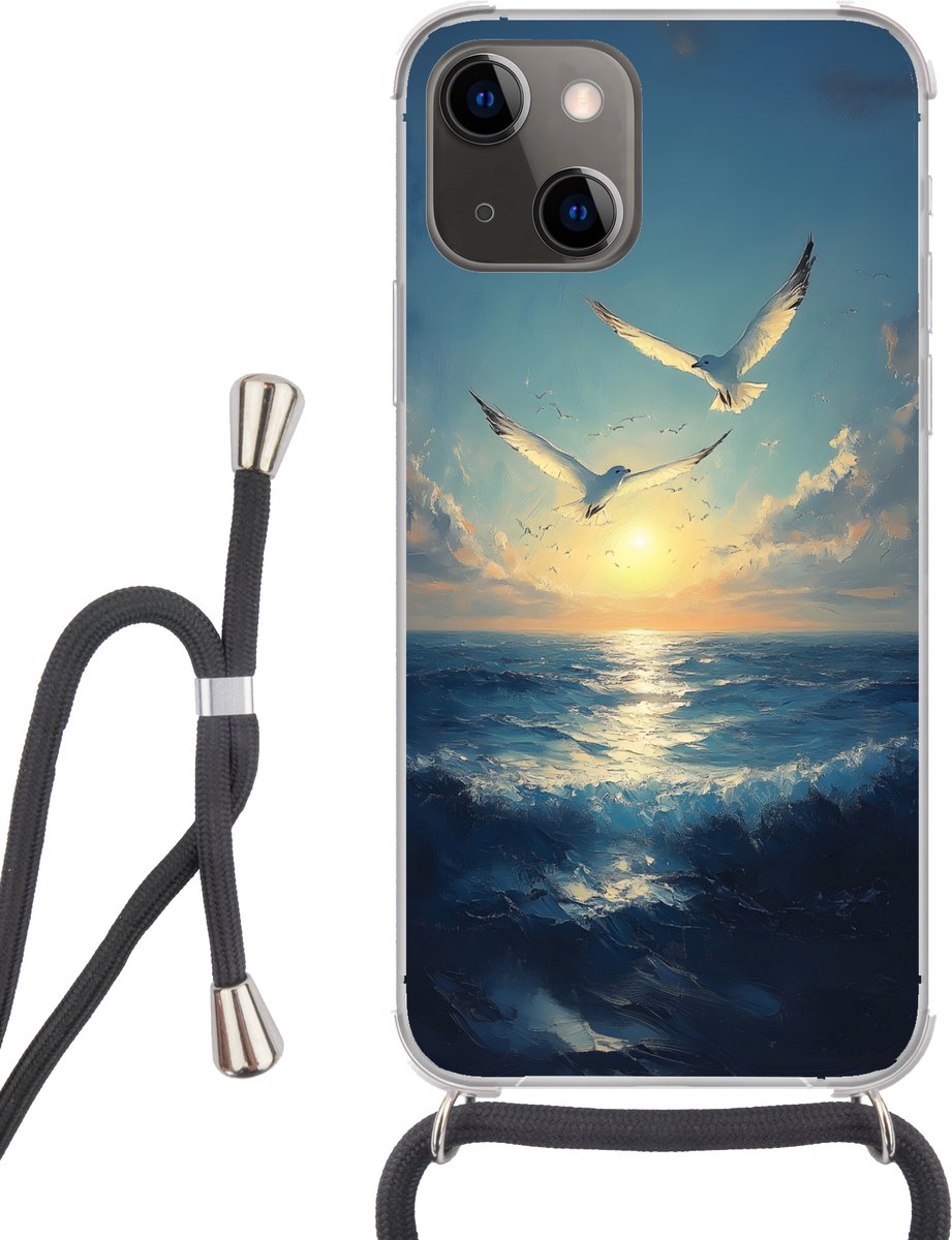 Telefoonhoesje Geschikt voor iPhone 13 Mini - Meeuwen - Zee - Wolken -Blauw - Siliconen - Crossbody - Backcover met Koord - Telefoonhoesje met koord - Hoesje met touw Telefoonhoesje