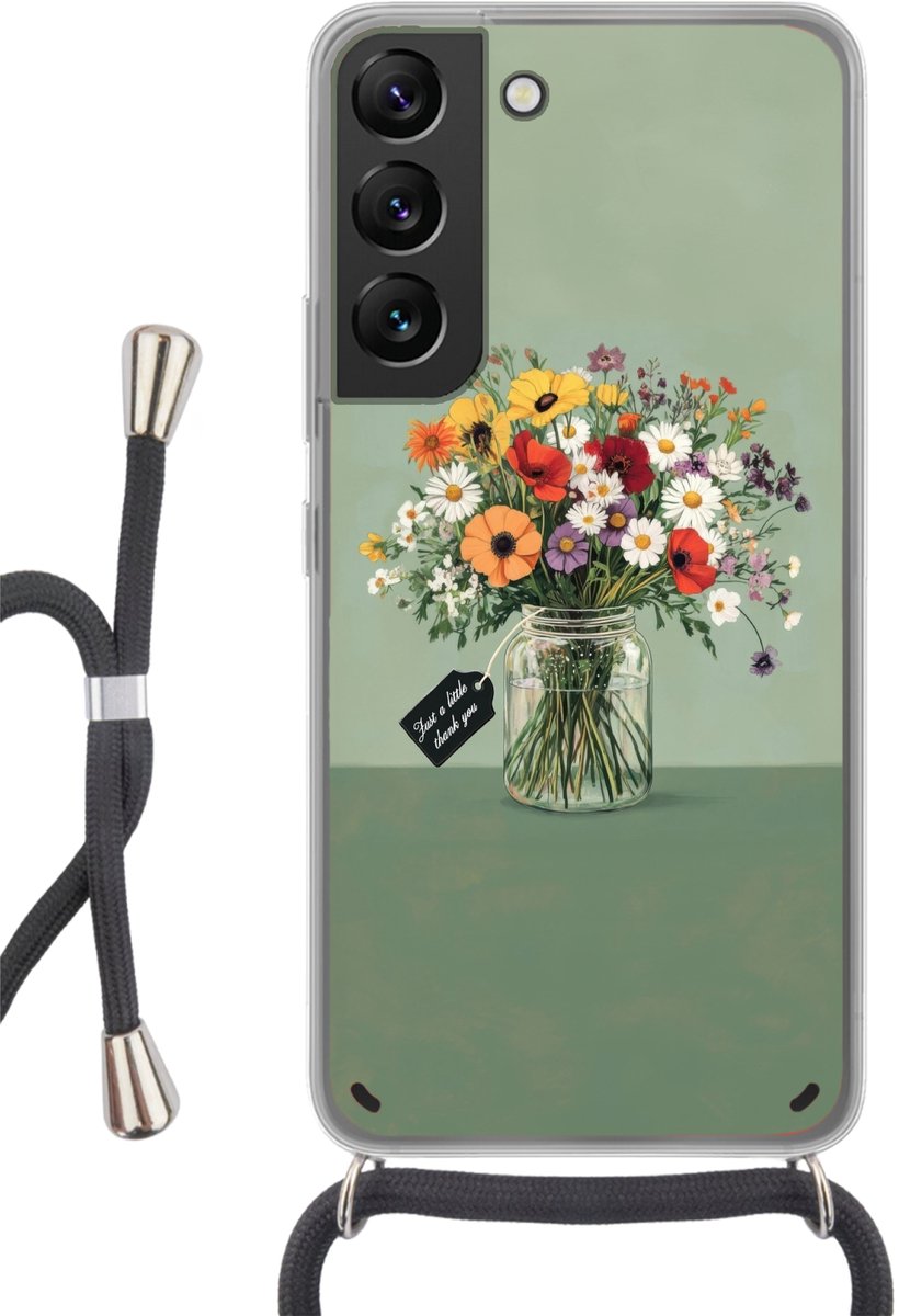 Telefoonhoesje Geschikt voor Samsung Galaxy S22 - Bloemen - Vaas - Kaartje - Siliconen - Crossbody - Backcover met Koord - Telefoonhoesje met koord - Hoesje met touw Telefoonhoesje