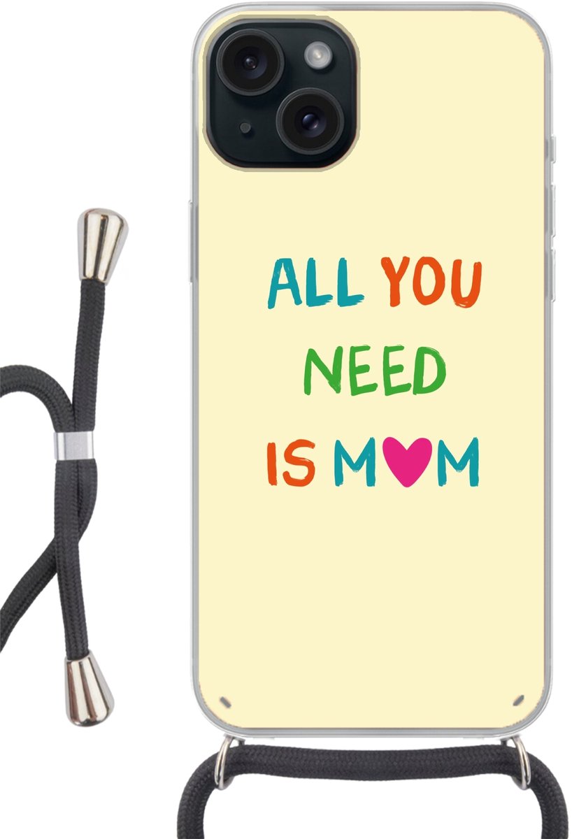 Telefoonhoesje Geschikt voor iPhone 15 Plus - Hartje - Moeder - Tekst - Kleurrijk - Siliconen - Crossbody - Backcover met Koord - Telefoonhoesje met koord - Hoesje met touw Telefoonhoesje
