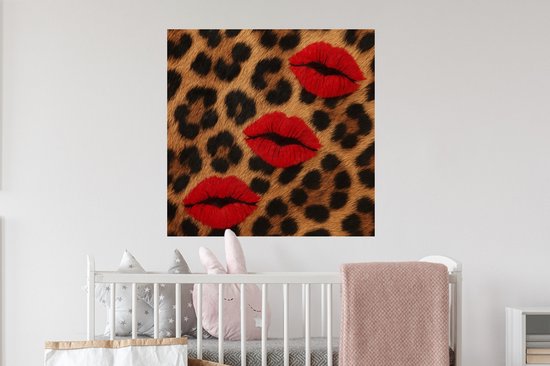 Muurstickers - Sticker Folie - Lippen - Drie - Rood - Panterprint - 50x50 cm - Plakfolie - Muurstickers Kinderkamer - Zelfklevend Behang - Zelfklevend behangpapier - Stickerfolie