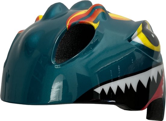 Groene kinderhelm met dinosaurusprint, vlammen en haaientanden.