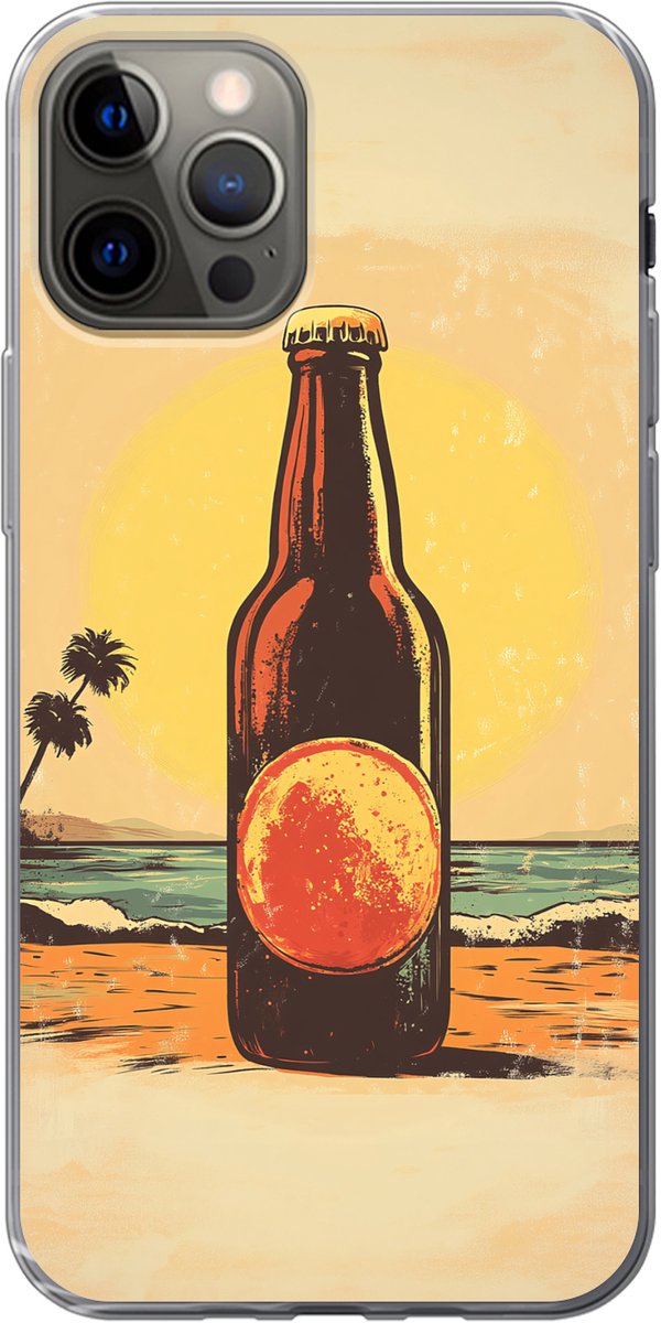 Telefoonhoesje Geschikt voor iPhone 13 Pro hoesje - Bierfles - Zonsondergang - Palmbomen - Zee - Siliconen Telefoonhoesje Telefoonhoesje