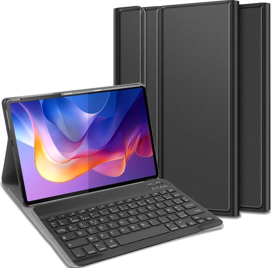 Étui de tablette noir avec clavier Bluetooth Azerty, ouvert avec tablette.