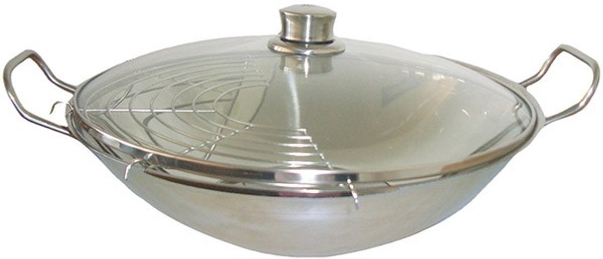 Rvs wokpan 36cm (top)/16cm (bodem), glazen deksel