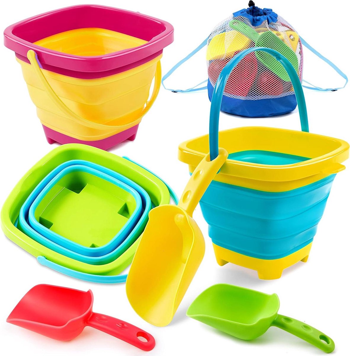 Opvouwbare emmers met schep (set van 3, bonuszak) voor strandfeesten, kamperen en vissen - zomeractiviteiten (geel/blauw/groen)
