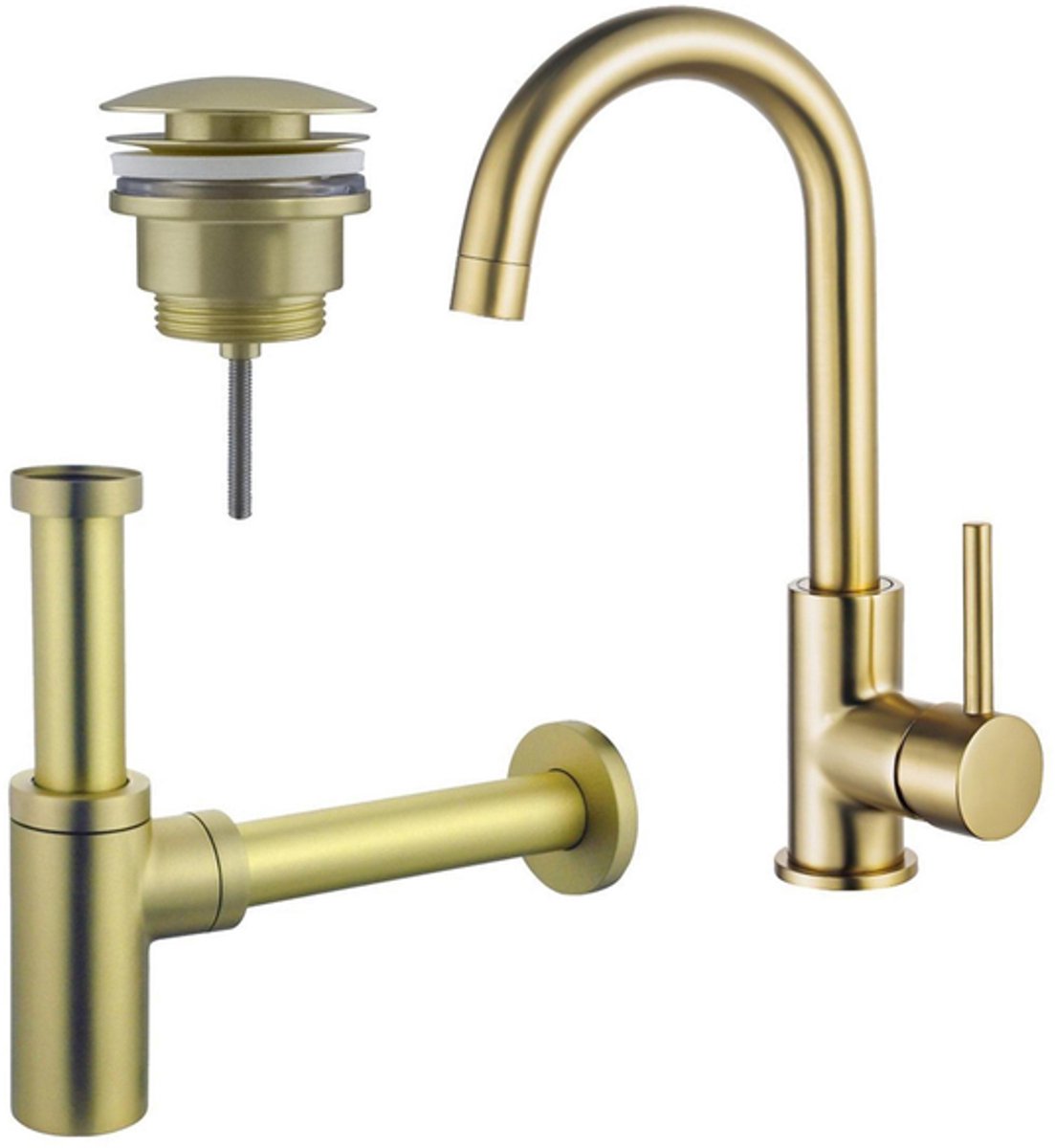FugaFlow Eccelente Sobrado Badkamer Wastafelkraanset - hoge wastafelkraan - draaibare uitloop - klikwaste plug - design sifon - PVD Geborsteld Messing