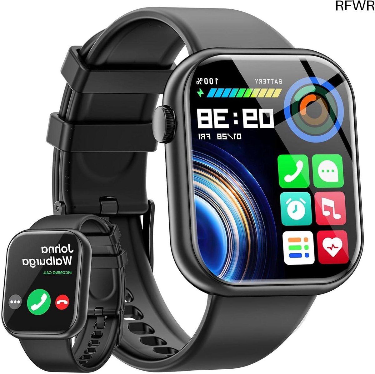 RFWR® Smartwatch met 1,85 inch scherm, Bluetooth en stappenteller voor Android en iOS