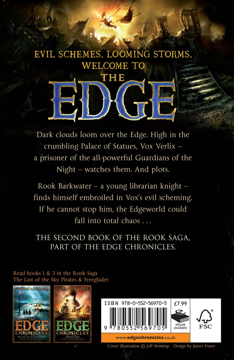Achterkant van 'The Edge Chronicles: Vox' met beschrijving, ISBN en illustraties van andere boeken uit de serie.