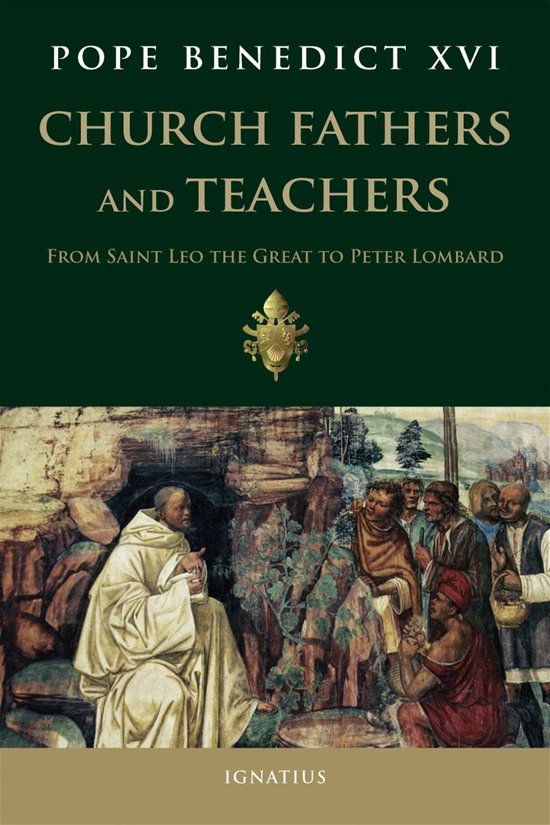 Boek 'Church Fathers and Teachers' van Paus Benedictus XVI, met een schildering van monniken.