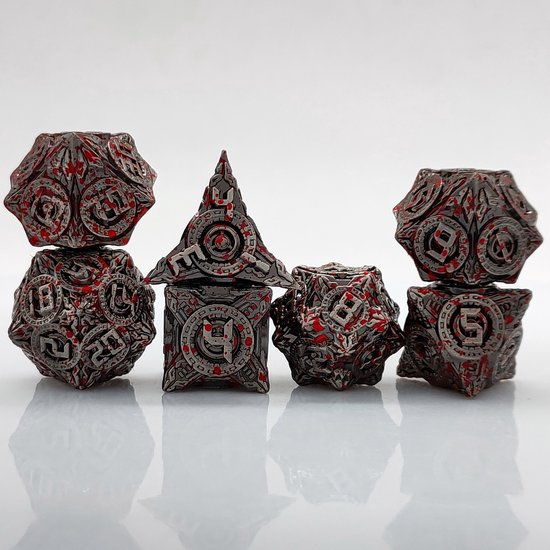 Ensemble de dés Joya Kids® Dungeons and Dragons | Set de Dés DnD Polydice | Ensemble de dés D&D | Ensemble de 7 dés en Métal | Coffre de rangement de Luxe inclus | Dés en métal avec éclaboussures de sang | Du sang