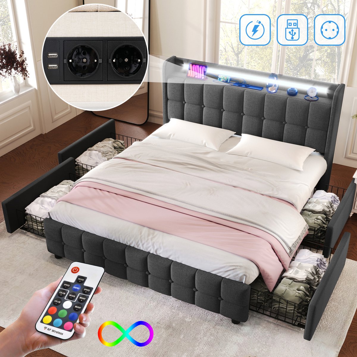 Gestoffeerd bed 160x200 cm met LED-hoofdbord en USB-aansluiting, jeugdbed met lattenbodem en 4 opbergladen, opbergbed, bedombouw, zonder matras, linnen grijs