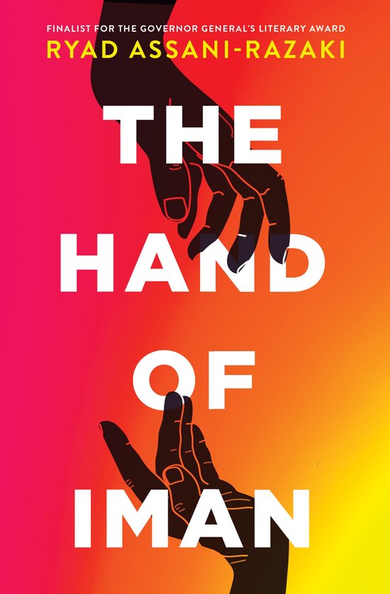 Boekomslag met de tekst 'The Hand of Iman' en een illustratie van twee handen tegen een oranje-roze gloed.