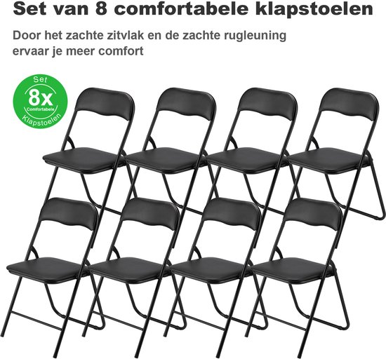 BARDI Set van 8 - Klapstoel - Vouwstoel - Opvouwbare Stoel - Comfortabel & Lichtgewicht - 100kg draagkracht - 43 x 38 x 87 cm - PVC - Eettafelstoel - ZWART