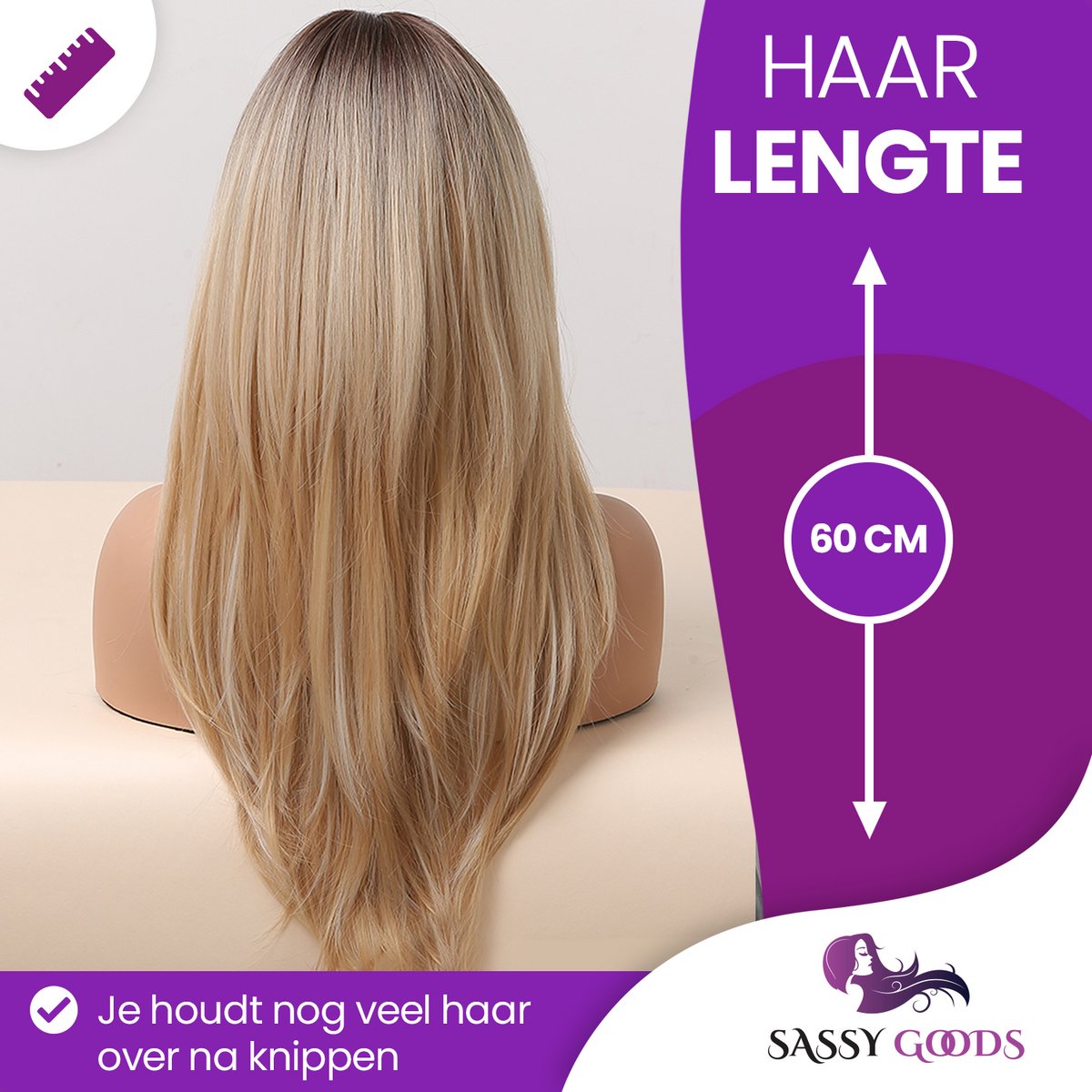 SassyGoods Blonde Pruik Blond - Pruiken Dames Lang Haar - Wig - Haarwerk - Wasbaar - Blond - 60 cm — afbeelding 3