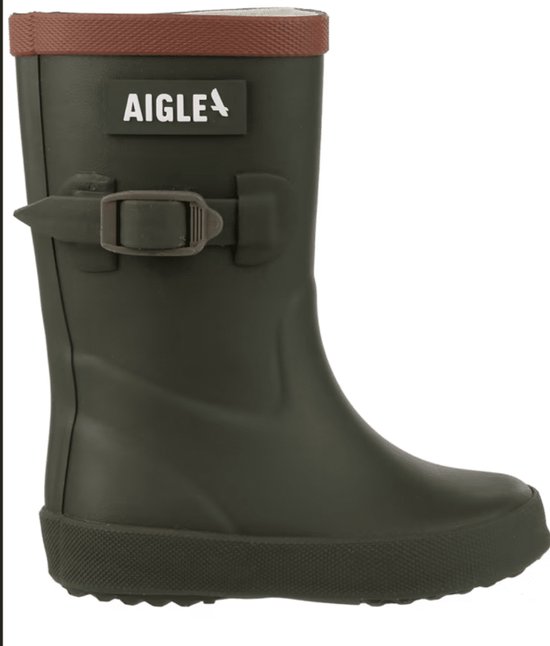 Donkergroene regenlaars met bruine rand en gesp, Aigle logo.