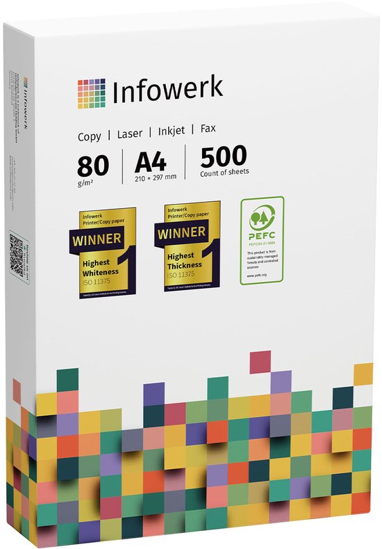 Infowerk A4 80g kopieerpapier, 500 vellen. Witte verpakking met kleurrijk blokpatroon aan de onderkant. Awards voor hoogste witheid en dikte.