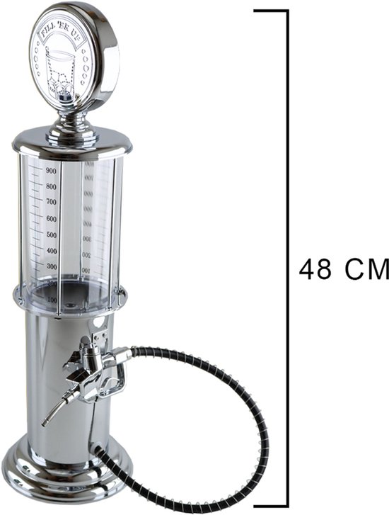 Een zilverkleurige drankdispenser in de vorm van een benzinepomp van 48 cm hoog, met een slang en een pomphendel.