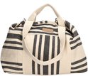 Grote strandtas met beige basis en zwart gestreepte patronen. Twee hengsels en een roze label met 'PE-Florence'.