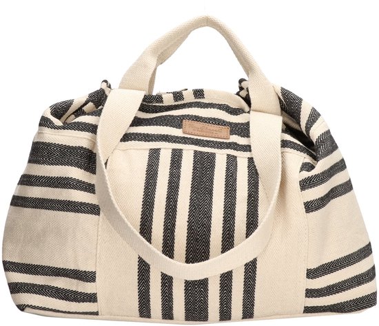 Grote strandtas met beige basis en zwart gestreepte patronen. Twee hengsels en een roze label met 'PE-Florence'.