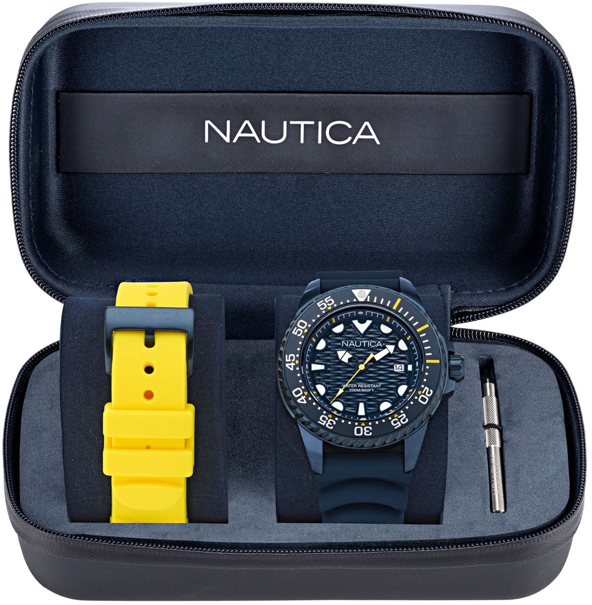 Nautica Nct Sea Dive - Box Set Quartz Analoog Horloge Blauw En Geel Kast: 100% Roestvrij Staal. Armband: 100% Siliconen 46 NAPSDS504, NAPSDS506
