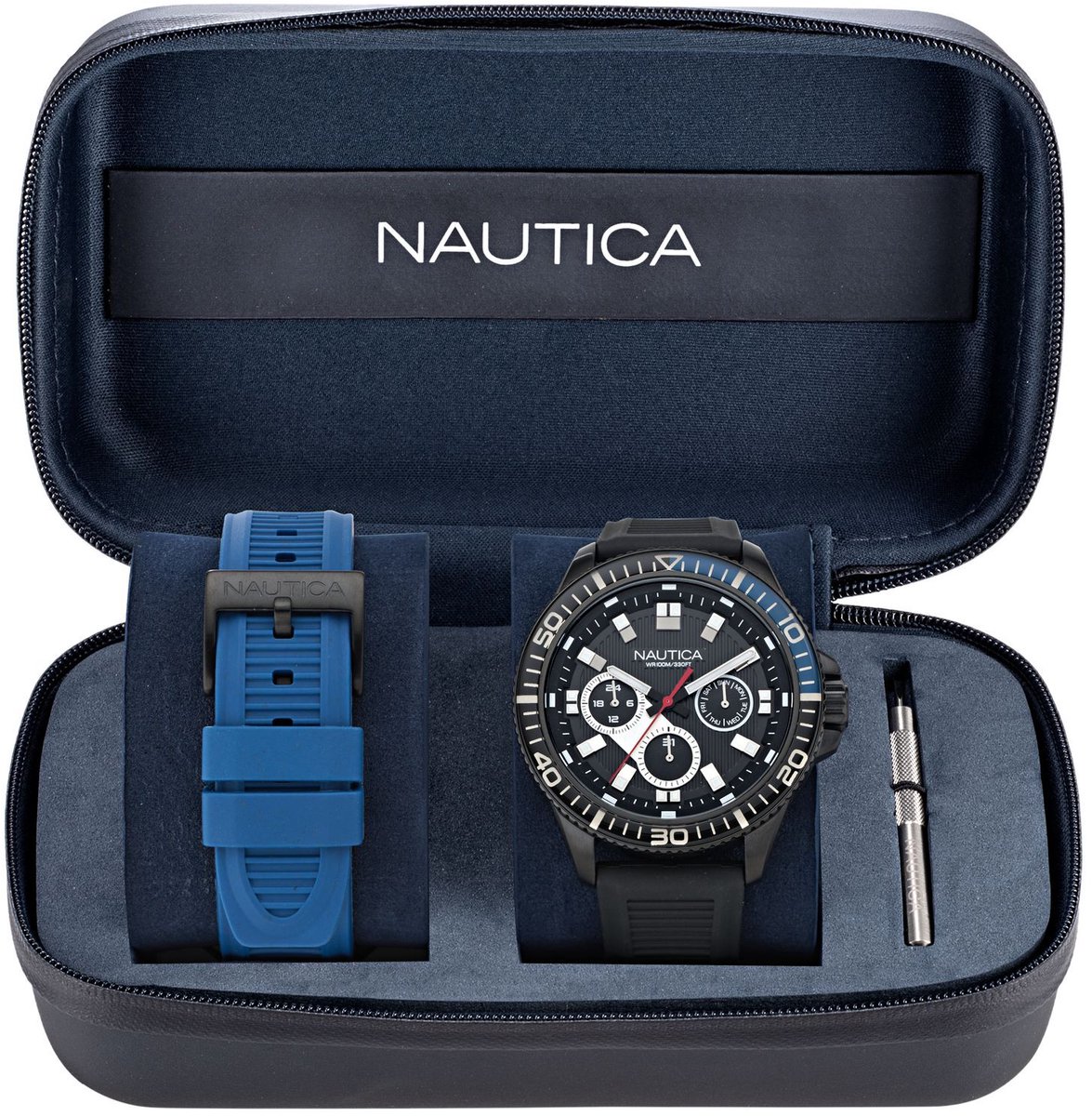 Nautica Nct Windrose Quartz Chronograaf Horloge Zwart Blauw Kast: 100% Roestvrij Staal. Armband: 100% Siliconen 46.5 NAPWRS503, NAPWRS504