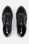 Bovenaanzicht van zwarte sneakers met veters, rits en crocoprint.