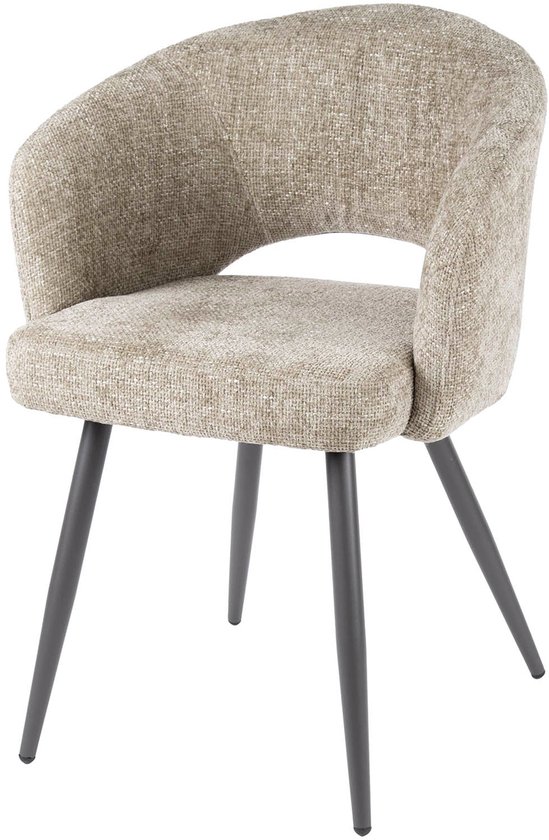 Beige stoffen eetkamerstoel met ronde rugleuning en zwarte metalen poten.