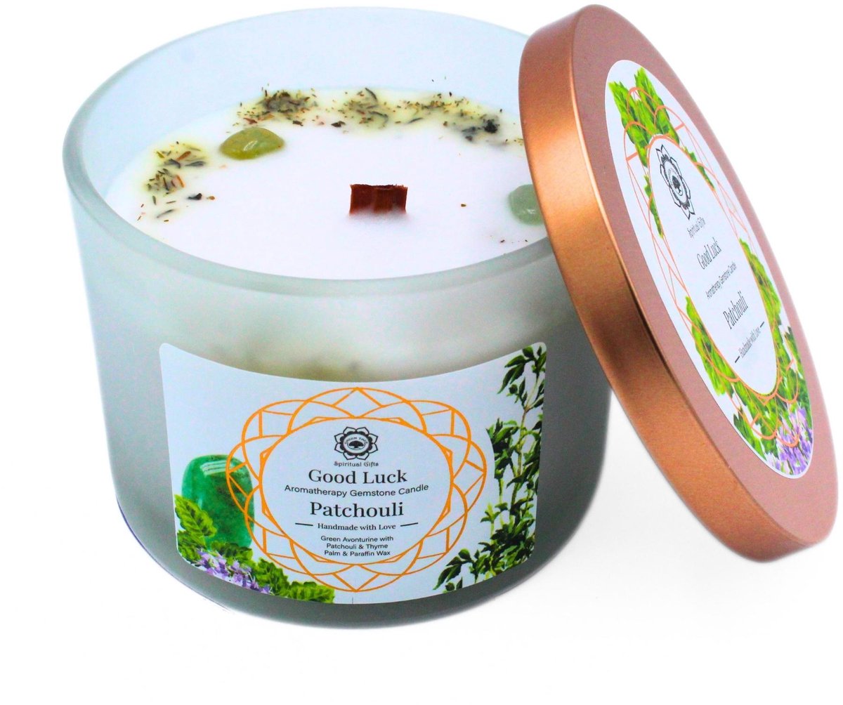 Green Tree - Edelsteenkaars - Aromatherapie - Geurkaars - Good Luck - Patchouli - met edelstenen - 256g