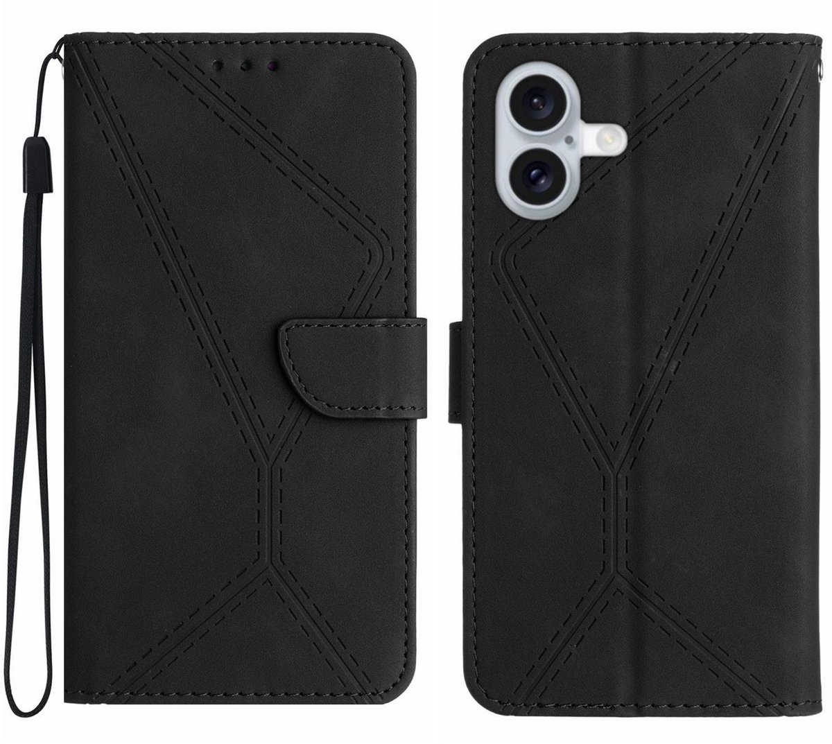 Mobigear Telefoonhoesje geschikt voor Apple iPhone 17 Hoesje | Mobigear Stitch Bookcase Portemonnee | Pasjeshouder voor 3 Pasjes | Telefoonhoesje voor Pinpas / OV Kaart / Rijbewijs - Zwart