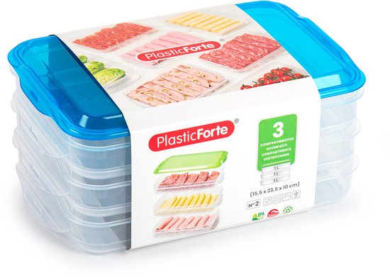 Boîtes de conservation de viande Plasticforte - transparentes/bleues - 24 x 16 x 10 cm - 3 couches - boîte de conservation pour garnitures de sandwich - boîtes de conservation