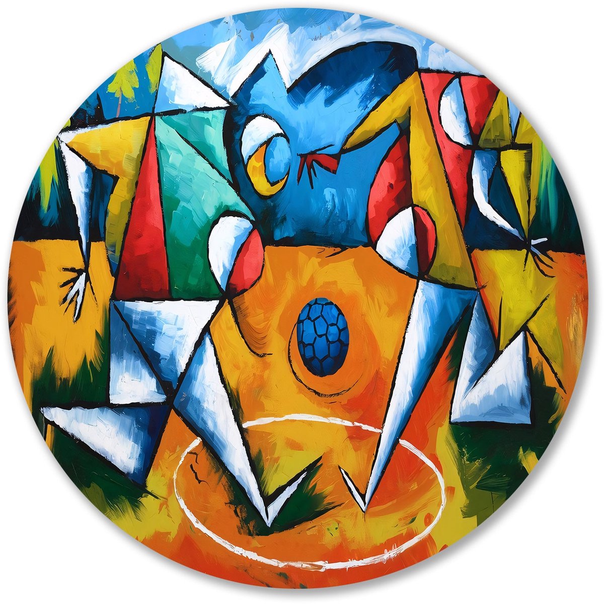 Kubistisch abstract voetbal - Voetbal muurdecoratie rond - Wandschaal spelers - Kubisme - Schilderij op Forex rond - Muurdesign - muurcirkel forex 60x60 cm
