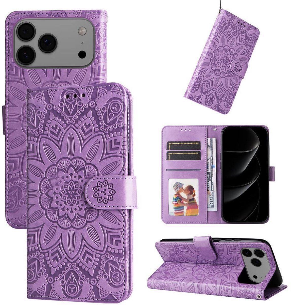 Mobigear Telefoonhoesje geschikt voor Apple iPhone 17 Pro Max Hoesje | Mobigear Sunflower Bookcase Portemonnee | Pasjeshouder voor 3 Pasjes | Telefoonhoesje voor Pinpas / OV Kaart / Rijbewijs - Paars