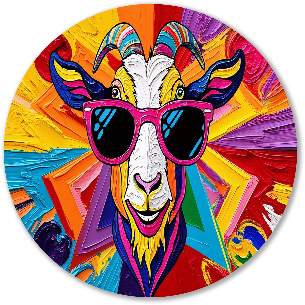 Kleurrijke geit met zonnebril - Geit muurdecoratie rond - Ronde wandprint dier - Pop Art - Unieke Forex muurcirkels - Minimalistische wanddecoratie - muurcirkel forex 40x40 cm