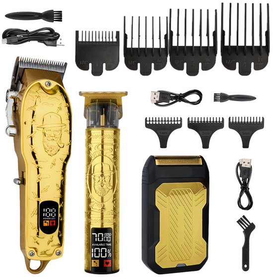 Ensemble de tondeuse à cheveux professionnelle pour hommes, rasoir électrique, rasoir, coupe de cheveux sans fil, tondeuse de barbier, tondeuse à barbe, kit de toilettage pour hommes (or)
