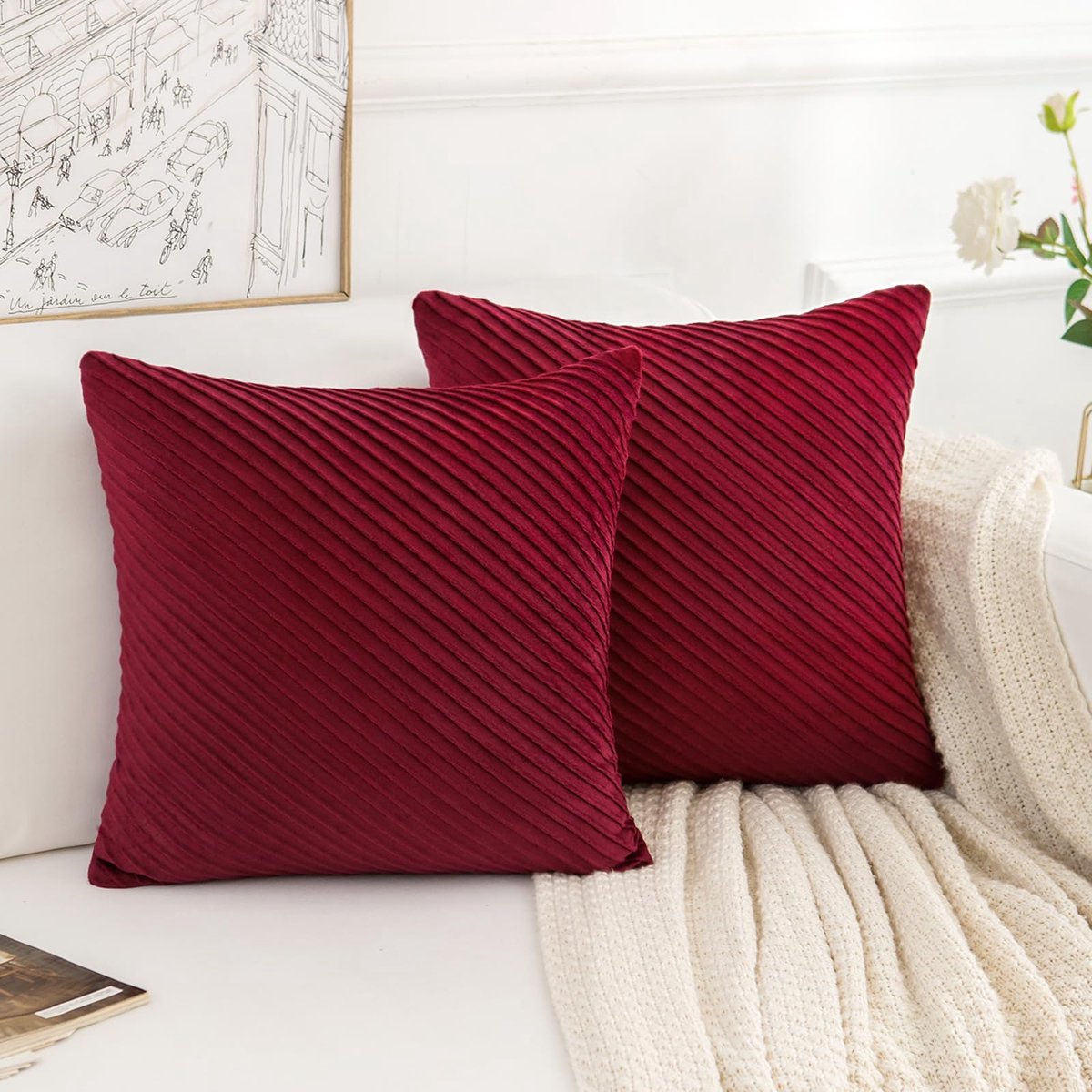 Ibenzoa Zachte Fluwelen Kussensloop 40x40 cm met Diagonale Strepen - Rood