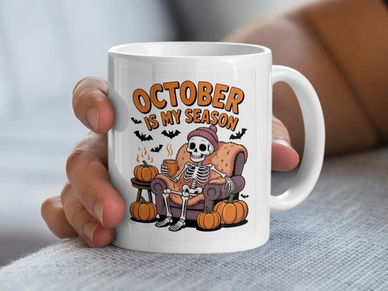 October Is My Season Skeleton Mok, Halloween Pumpkin Mok, Herfst Mok, Cosy Skeleton Mok, Grappige Halloween Mok