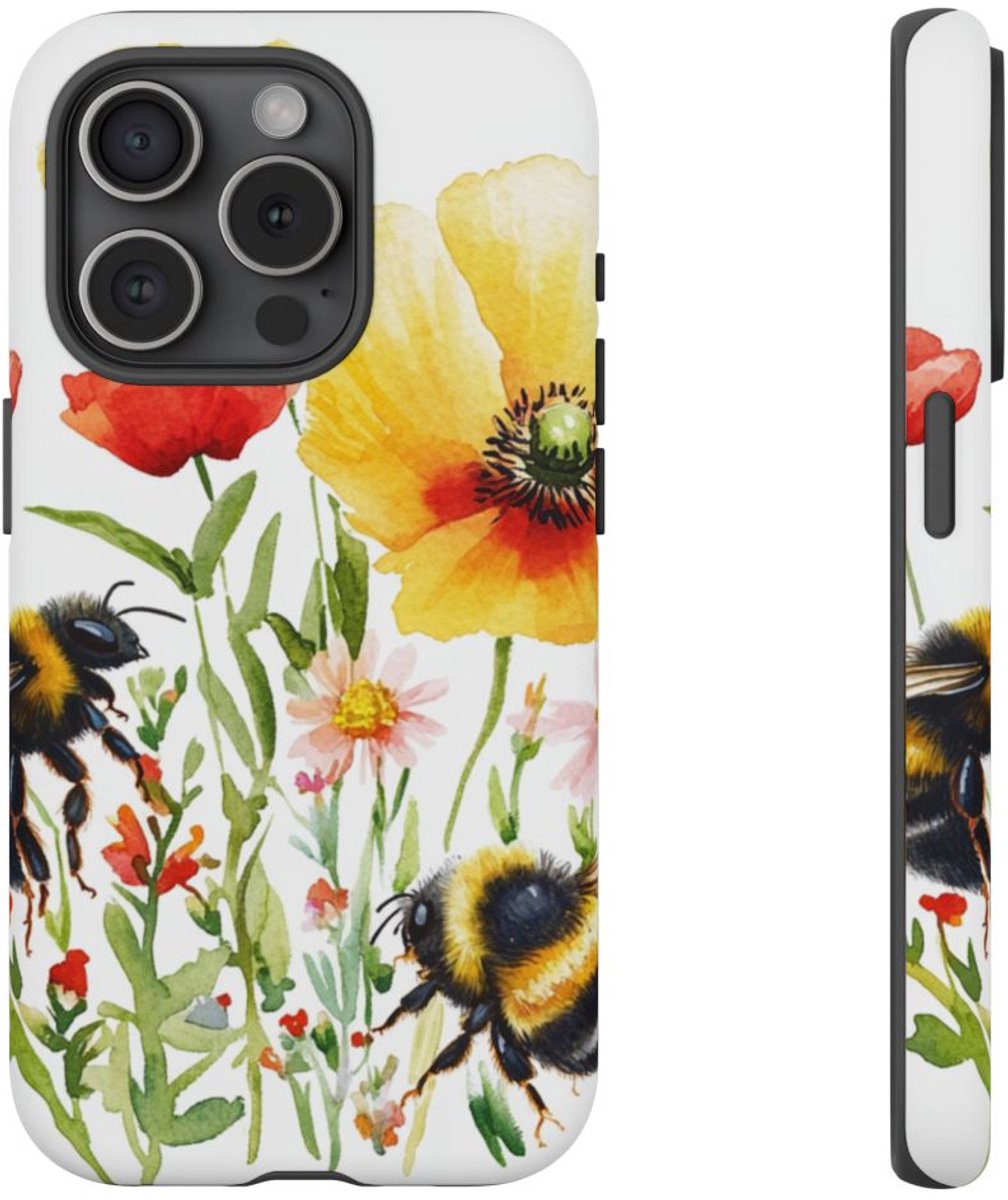 Aquarel Hommels en Wilde Bloemen – Telefoonhoesje Geschikt voor iPhone 15 Pro