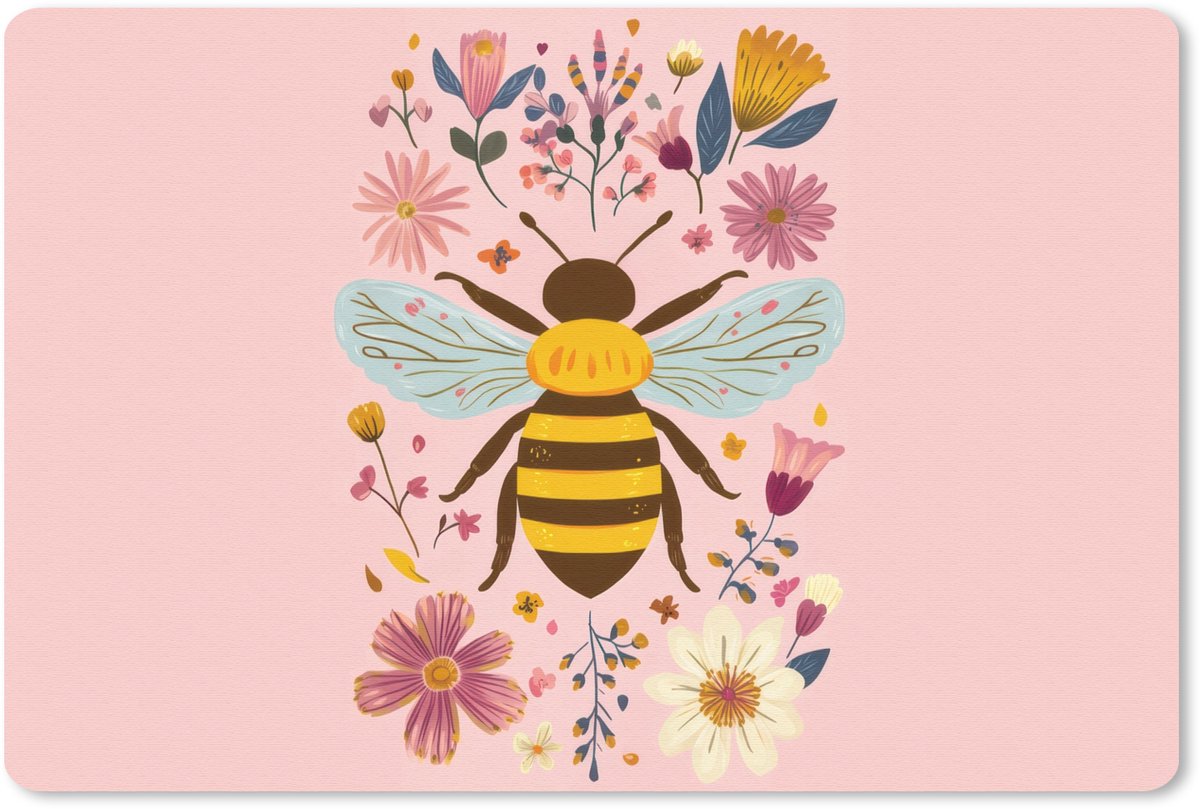 Muismat 27x18 cm - Mousepad Bij - Geel - Bloemen - Kleurrijk - Muismatten