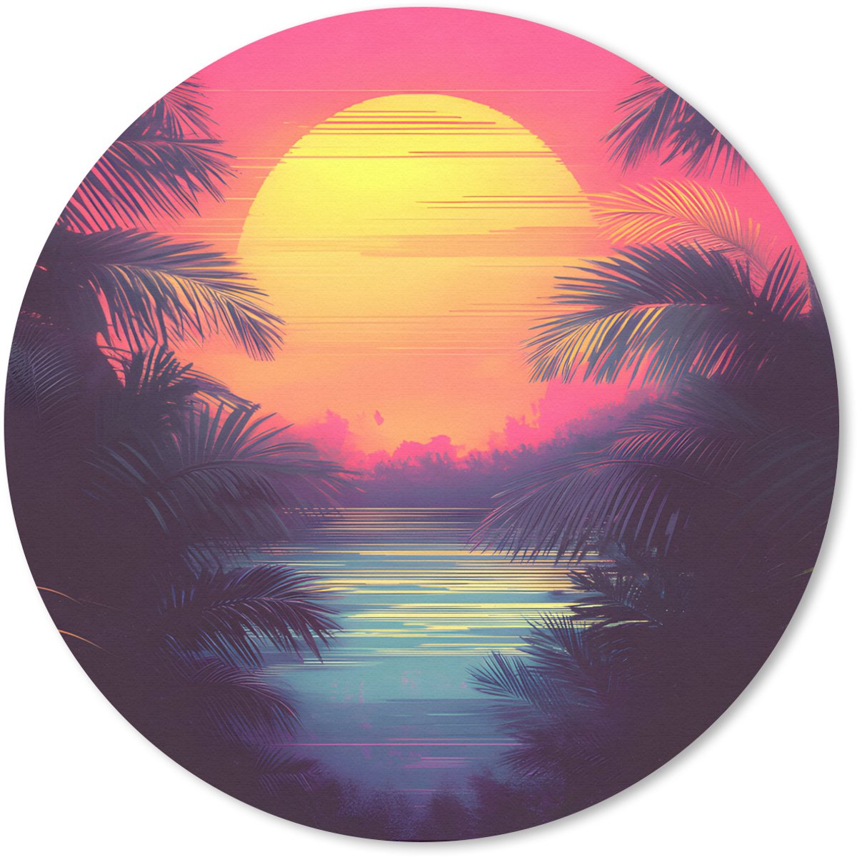 Muismat rond 40x40 cm - Mousepad Zon - Geel - Palmbomen - Tropisch - Ronde muismatten