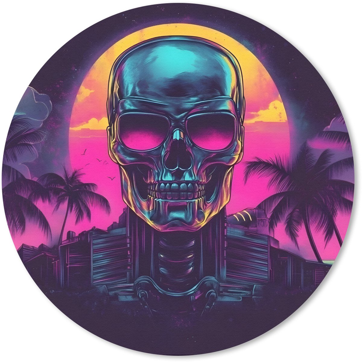 Muismat rond 50x50 cm - Mousepad Palmbomen - Hoofd - Metallic - Zonsondergang - Ronde muismatten