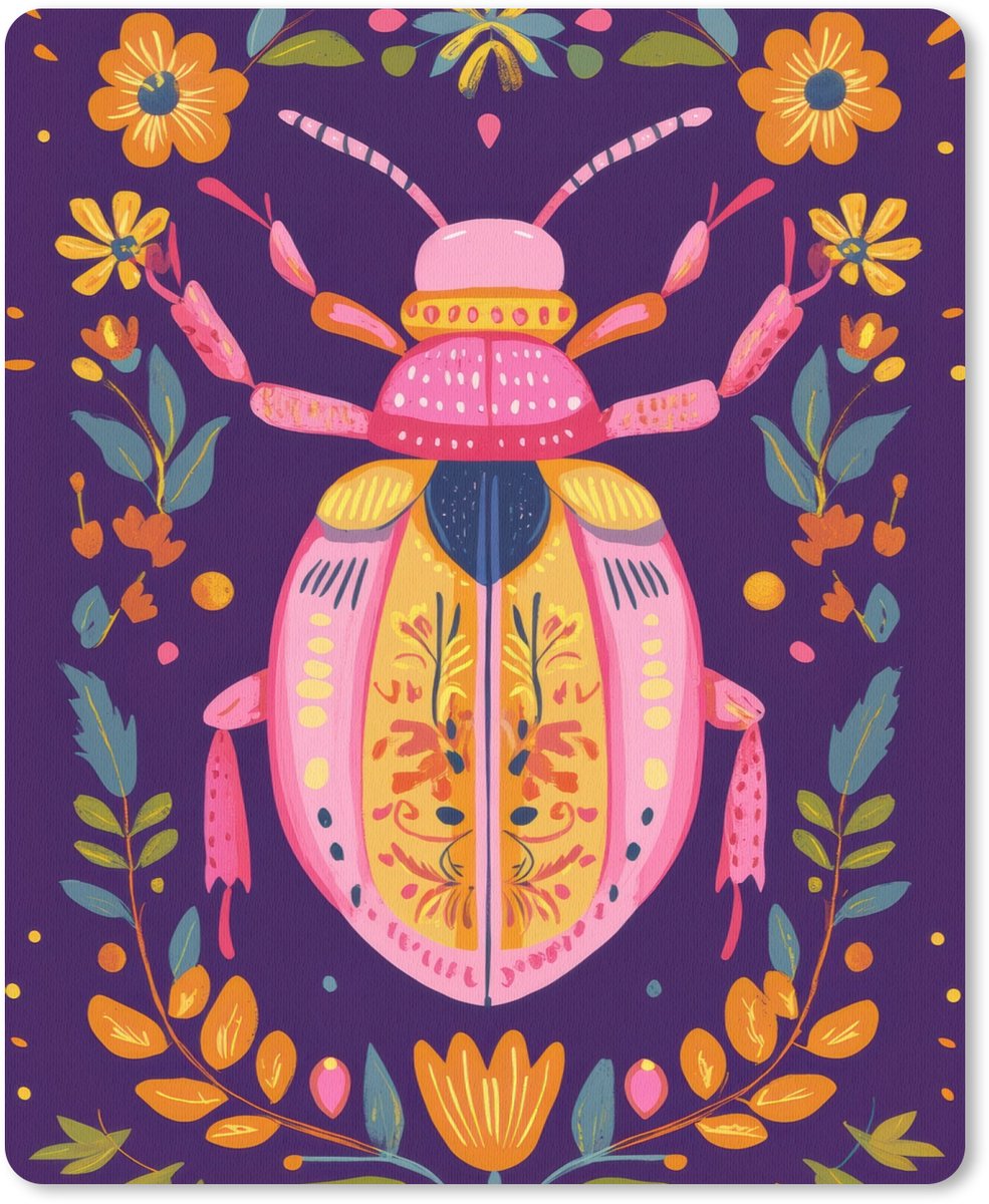 Muismat 19x23 cm - Mousepad Kever - Felgekleurd - Bloemen - Bladeren - Muismatten